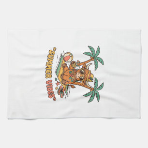 Summer Vibes Cute Highland Cow Beach Vacation Shir Tea Towel