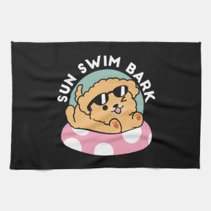 Summer Vibes Dog – Floating Puppy with Sunglasses Tea Towel