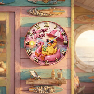 Summer Vibes Duck Cute Flamingo Pool Float Beach Large Clock