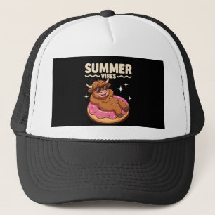 Summer Vibes Highland Cow Floating on Doughnut Rin Trucker Hat