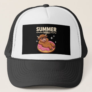 Summer Vibes Highland Cow Floating on Doughnut Rin Trucker Hat