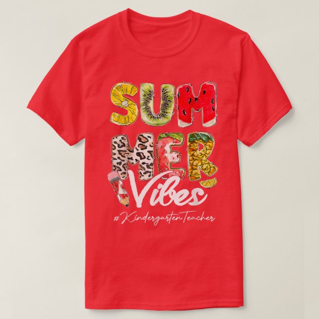 Summer Vibes Kindergarten Teacher Leopard Summer V T-Shirt (Design Front)