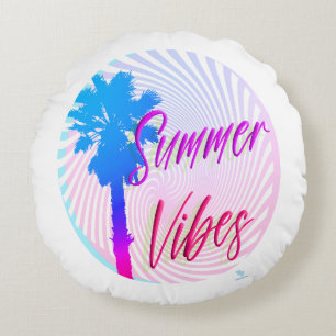 Summer Vibes Neon Palm Tree Beach Lifestyle Round Cushion