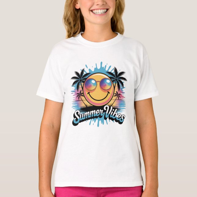 Summer Vibes Neon Smiley Face Colourful Trendy  T-Shirt (Front)