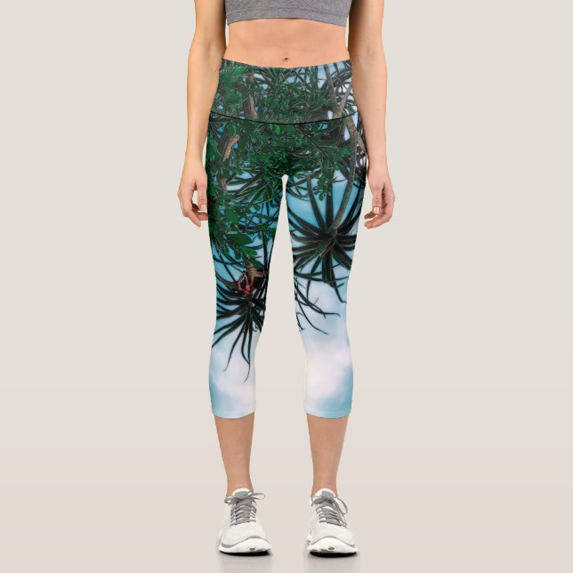 Summer Vibes Palm Tree Cactus Pale Green Capri Leggings (Front)
