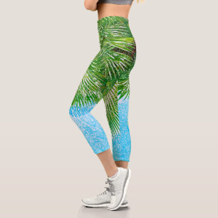 Summer Vibes Palm Tree Leaves Pale Green Capri Leggings