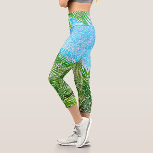 Summer Vibes Palm Tree Leaves Pale Green Capri Leggings