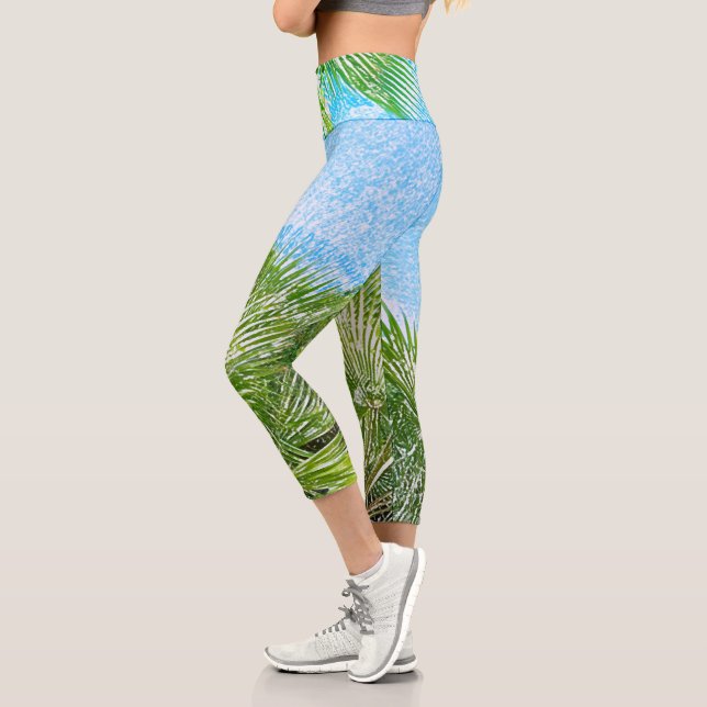 Summer Vibes Palm Tree Leaves Pale Green Capri Leggings (Left)