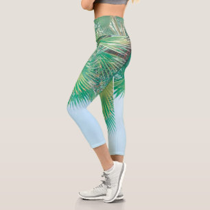 Summer Vibes Palm Tree Leaves Pale Green Capri Leggings
