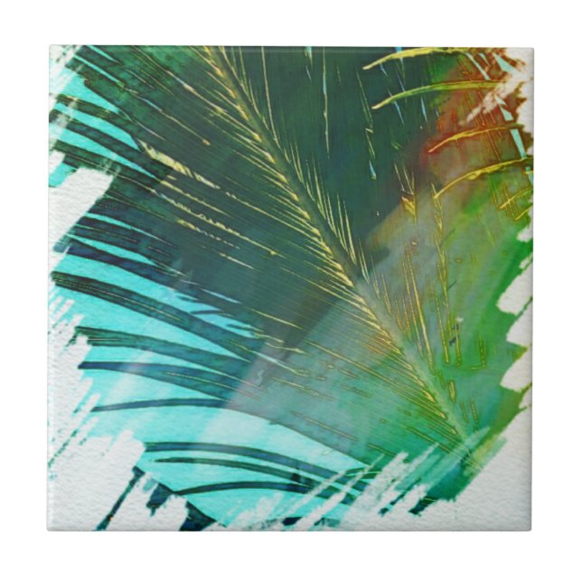 Summer Vibes Palm Tree Leaves Pale Green Ceramic Tile (Front)
