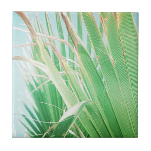 Summer Vibes Palm Tree Leaves Pale Green Ceramic Tile