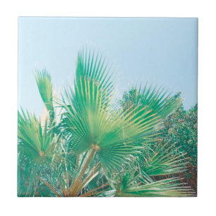 Summer Vibes Palm Tree Leaves Pale Green Ceramic Tile