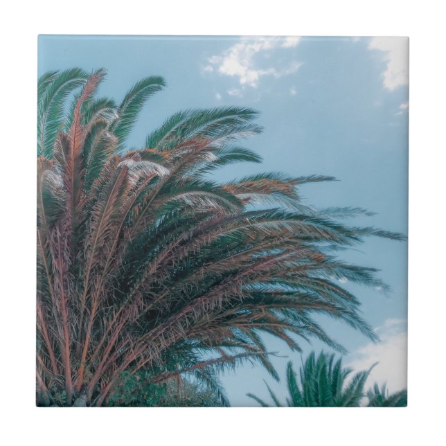 Summer Vibes Palm Tree Leaves Pale Green Ceramic Tile (Front)