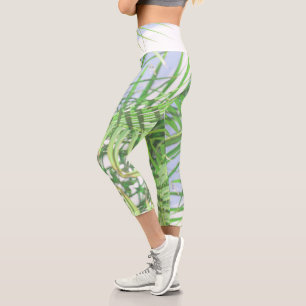 Summer Vibes Palm Tree Leaves Pale Green Pastel Capri Leggings