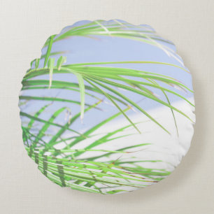 Summer Vibes Palm Tree Leaves Pale Green Pastel Round Cushion
