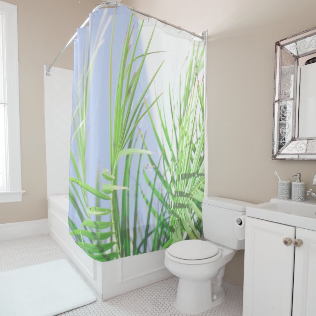 Summer Vibes Palm Tree Leaves Pale Green Pastel Shower Curtain (In Situ)