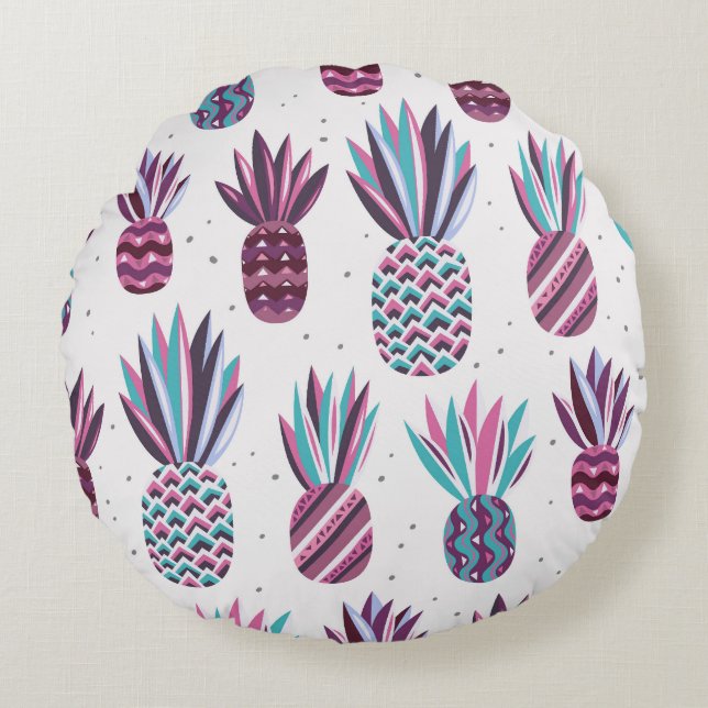 Summer Vibes: Pineapple Pattern, Colourful Dots Round Cushion (Front)