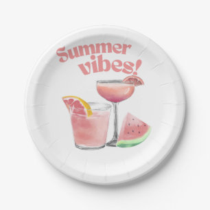 Summer Vibes Pink Cocktail Watercolor Art Paper Plate