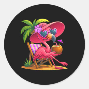 Summer Vibes Pink Flamingo Beach Palm Tree Summer Classic Round Sticker