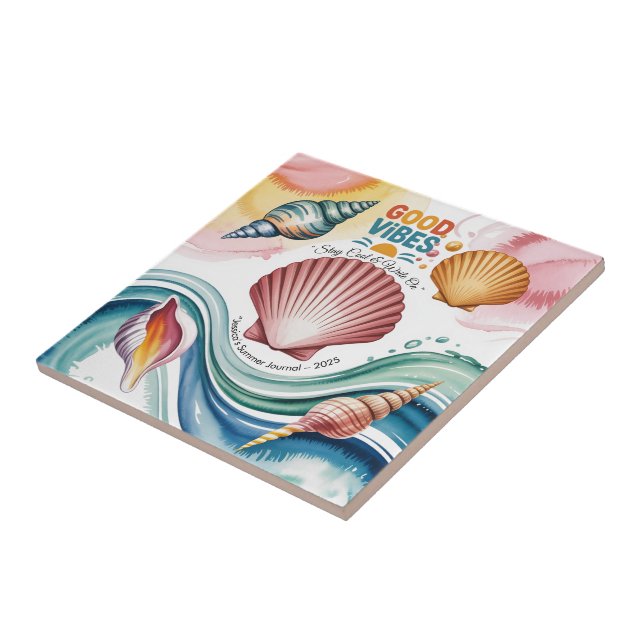 Summer Vibes Retro Beach Illustration Ceramic Tile (Side)