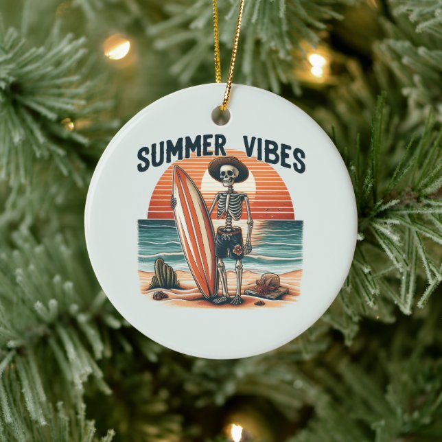 Summer Vibes Skeleton Surfer Sunset Beach Design Ceramic Ornament (Tree)
