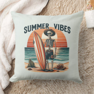 Summer Vibes Skeleton Surfer Sunset Beach Design Cushion