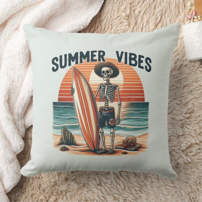 Summer Vibes Skeleton Surfer Sunset Beach Design Cushion (Blanket)