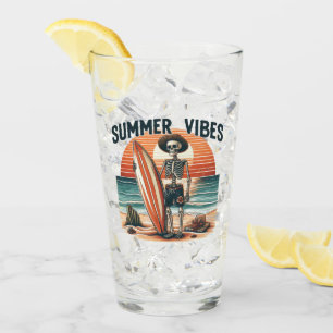 Summer Vibes Skeleton Surfer Sunset Beach Design Glass