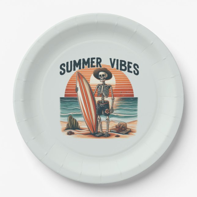 Summer Vibes Skeleton Surfer Sunset Beach Design Paper Plate (Front)