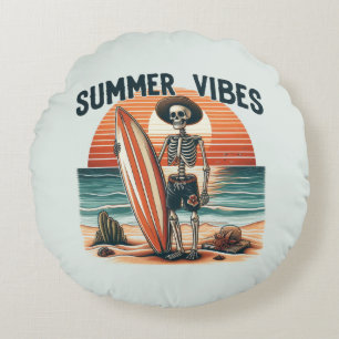 Summer Vibes Skeleton Surfer Sunset Beach Design Round Cushion
