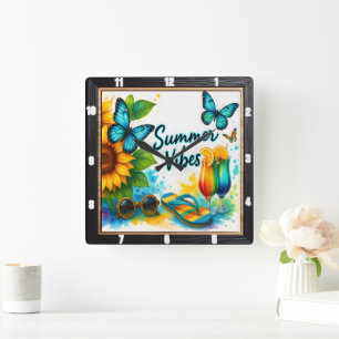 Summer Vibes Sunflower Beach Square Wall Clock