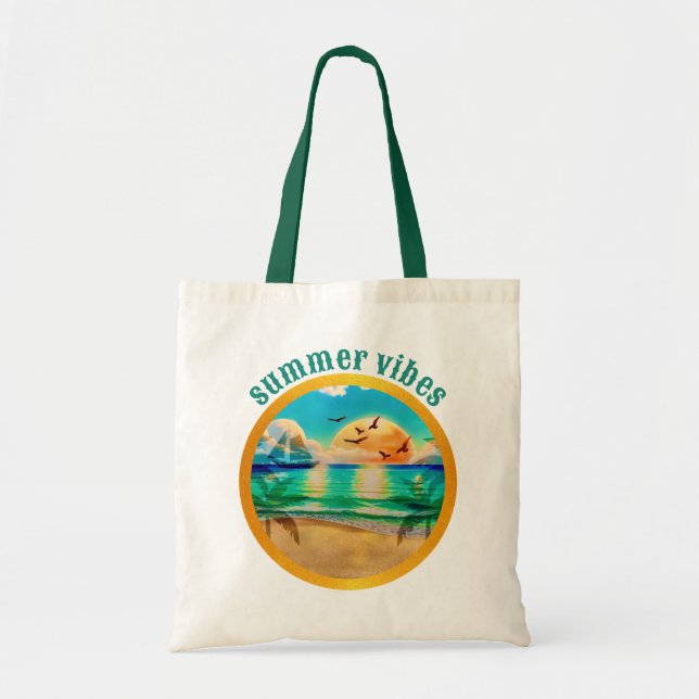 Summer Vibes, Tropical Beach Sunset Design Tote Bag (Front)