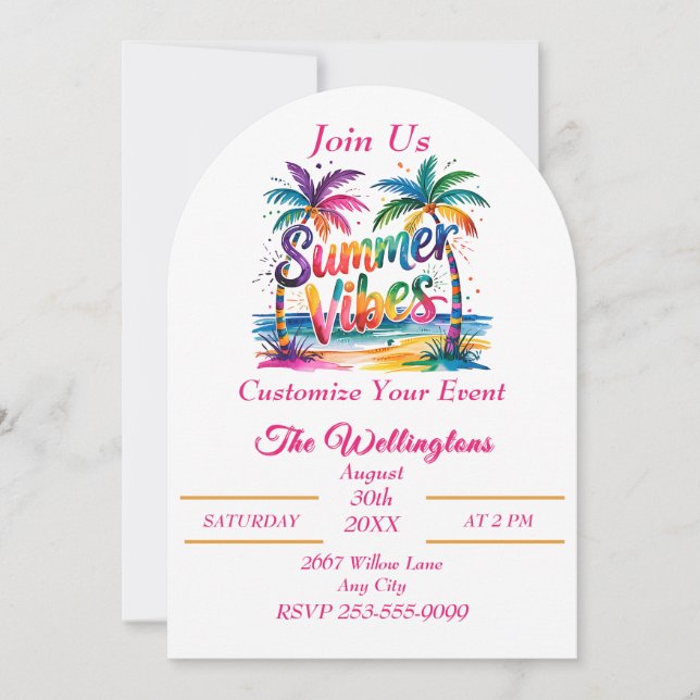 Summer Vibes Tropical Palm Tree Ocean Customise Invitation (Front)