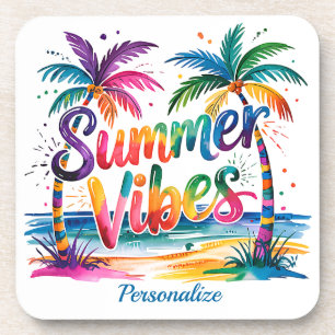 Summer Vibes Tropical Palm Tree Ocean Personalized Coaster