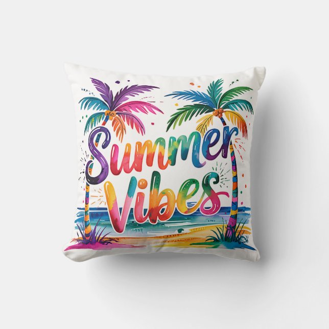 Summer Vibes Tropical Palm Trees & Ocean Sunset Cushion (Front)
