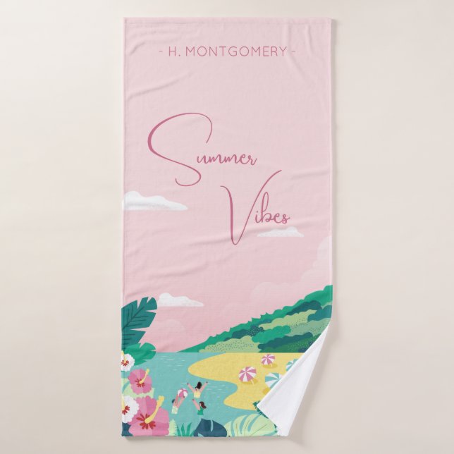 Summer Vibes Tropical Pink Custom Name Beach Bath Towel (Bath Towel)