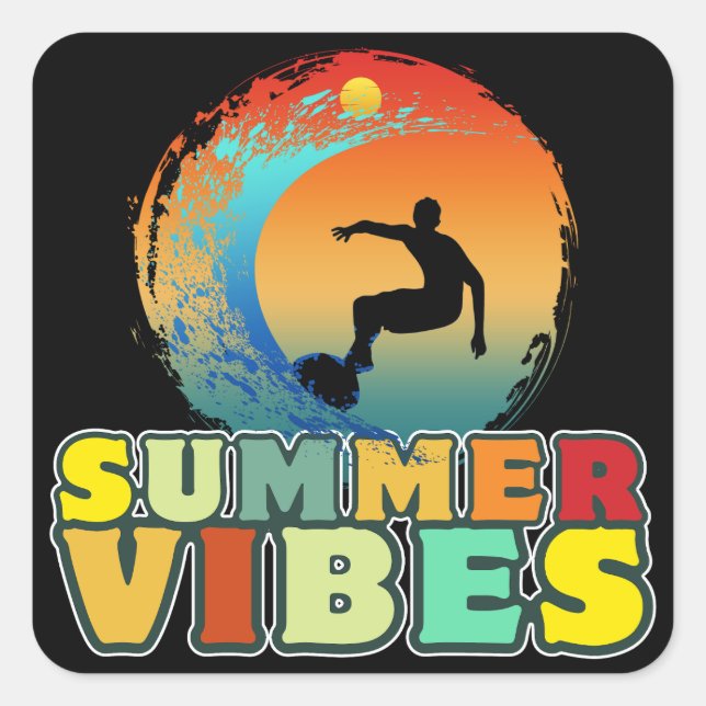 summer vibes vacation beach surfing surfer square sticker (Front)