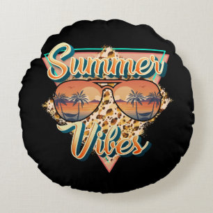 Summer Vibes   Vintage Sunglasses   Beach Sunset Round Cushion