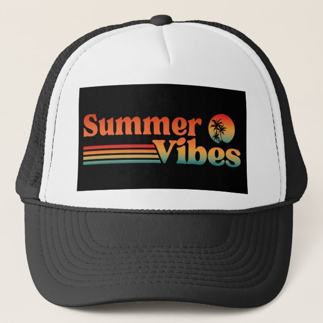 SUMMER VIBES VINTAGE SUNSET VACATION TRUCKER HAT (Front)