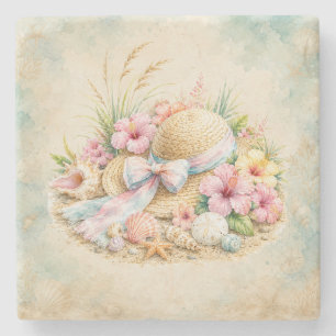 Summer Vibes Watercolor Beach Hat Coastal Stone Co Coaster