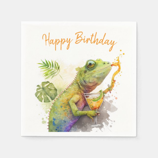 Summer Vibes Watercolor Chameleon - Happy Birthday Napkin (Front)