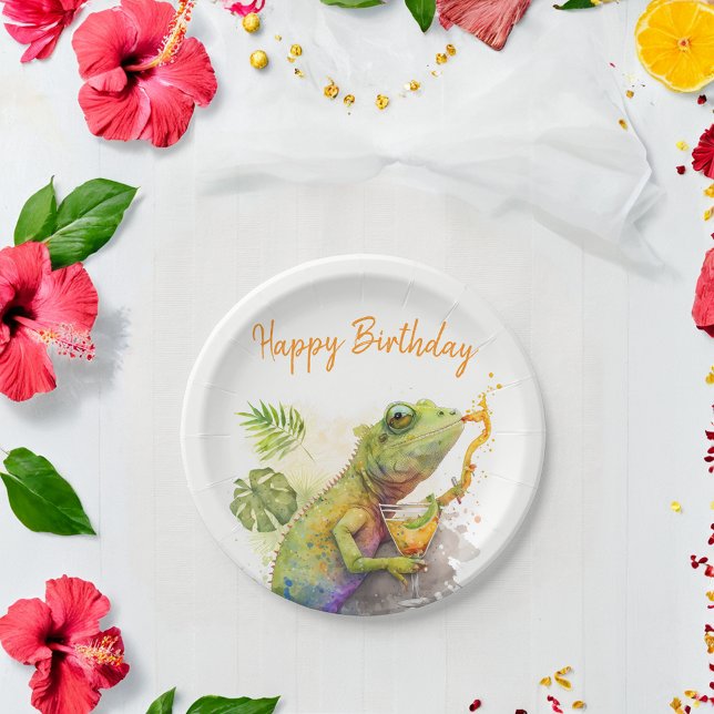 Summer Vibes Watercolor Chameleon - Happy Birthday Paper Plate (Creator Uploaded)
