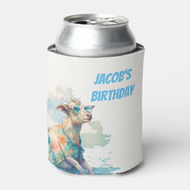 Summer Vibes Watercolor Goat - Happy Birthday Can Cooler (Can Front)