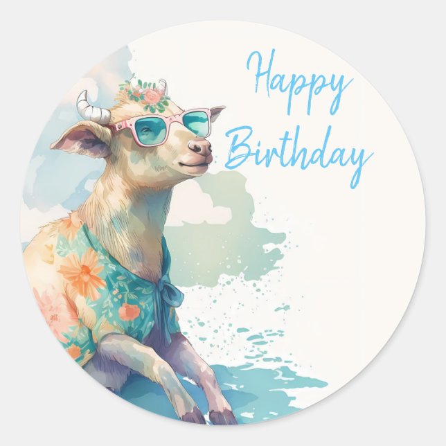Summer Vibes Watercolor Goat - Happy Birthday Classic Round Sticker (Front)