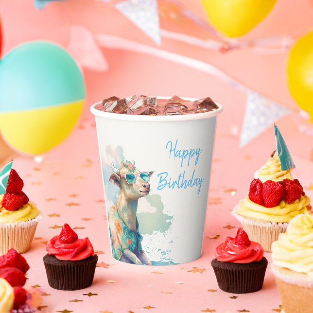 Summer Vibes Watercolor Goat - Happy Birthday Paper Cups (Creator Uploaded)