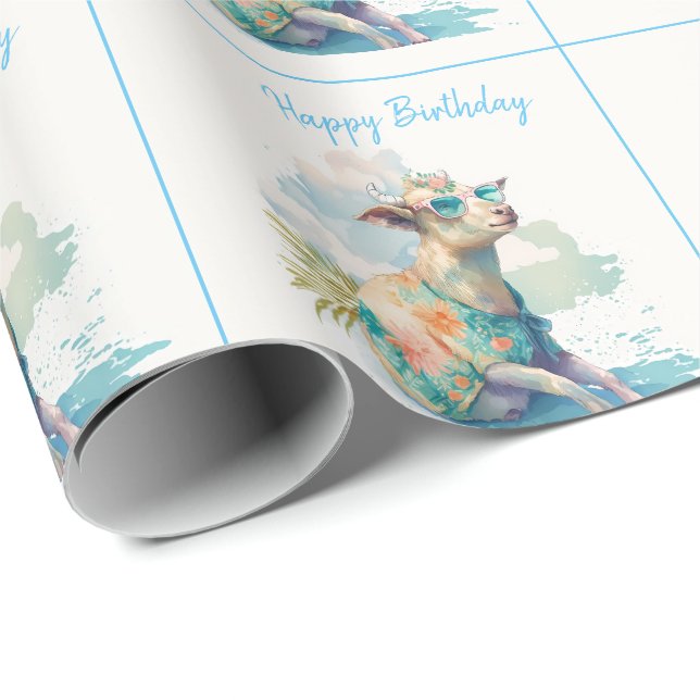 Summer Vibes Watercolor Goat - Happy Birthday Wrapping Paper (Roll Corner)