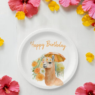 Summer Vibes Watercolor Llama - Happy Birthday Paper Plate