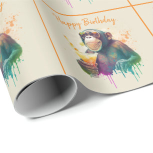 Summer Vibes Watercolor Monkey - Happy Birthday Wrapping Paper