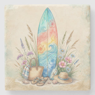 Summer Vibes Watercolor Surfboard Beach Design Stone Coaster