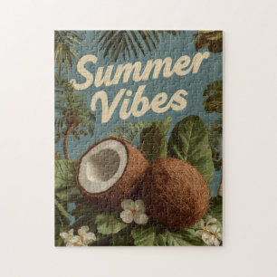 "Summer Vibes" with Coconuts and Tropical Foliage Jigsaw Puzzle